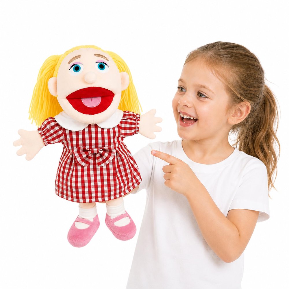 Family Hand Puppets for Kids - 16 Inch Soft Plush Girl Puppet with Movable Mouth, Interactive Pretend Role-Play for Storytelling & Teaching, Classroom, Preschool Toddlers, Birthday Gifts
