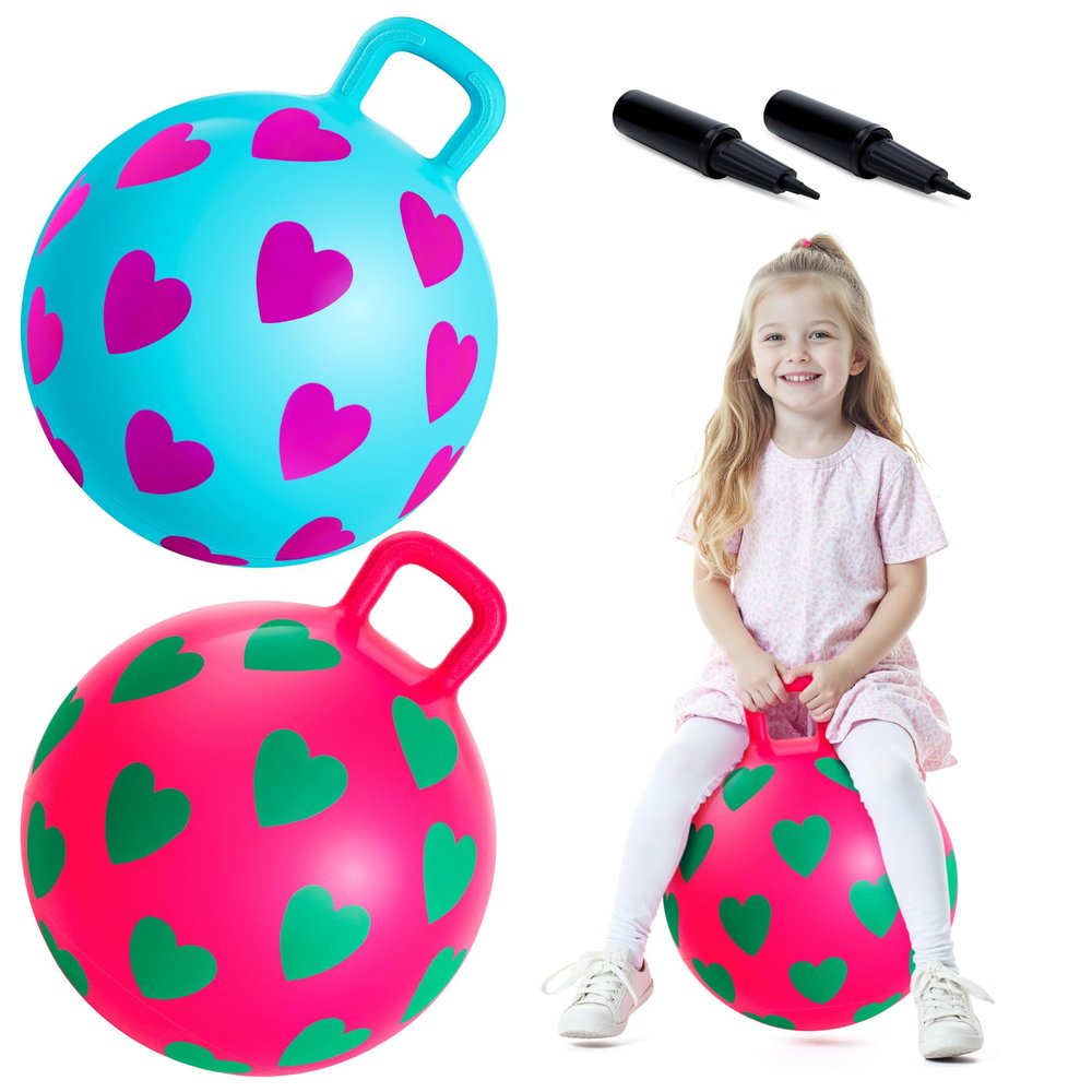 ZOOJOY 2-Pack Hopper Balls for Kids 3-6, 15-Inch Bouncy Ball with Handle, Sit on Full-Printed Heart Toys for Indoor Outdoor Play Toys, Great Birthday Gifts for Girls Boys 3 4 5 6