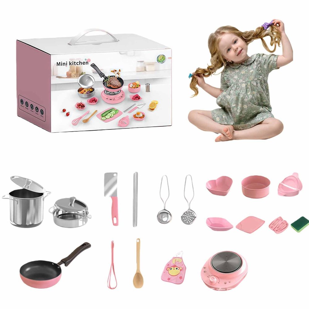 Children's Real Cooking Mini Kitchen Toys - 22 PCS Set, Food-Grade Stainless Steel Cooking Sets with Stove, Real Food Making Beginner Educational Toys (Pink)