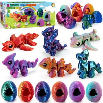 3D Printed Dragon Eggs with Dragon, 6PCS Easter Breaking Dragon Egg Set with Dragon Toy Set, 3D Printing Fidget Toys for Kids&Adults,Easter Tabletop Decor, Birthday Gifts & Cool Easter Basket Stuffers