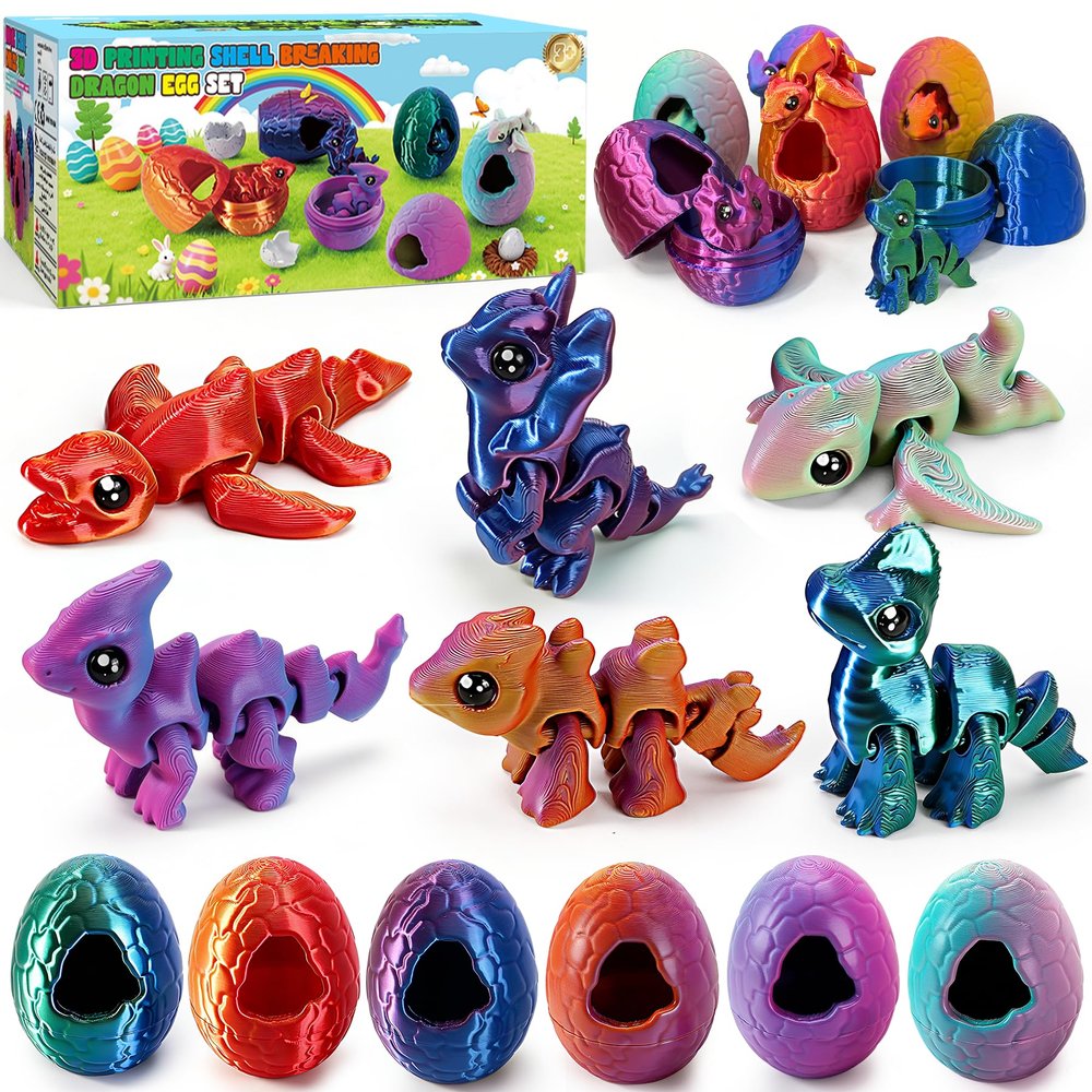 3D Printed Dragon Eggs with Dragon, 6PCS Easter Breaking Dragon Egg Set with Dragon Toy Set, 3D Printing Fidget Toys for Kids&Adults,Easter Tabletop Decor, Birthday Gifts & Cool Easter Basket Stuffers