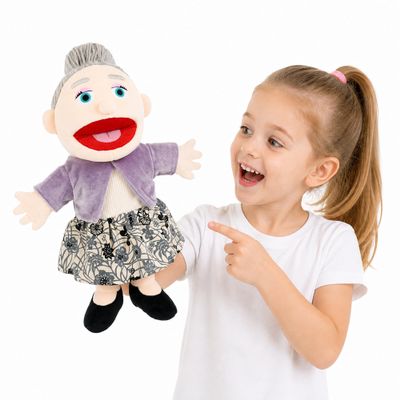 Family Hand Puppets for Kids - 16 Inch Soft Plush Grandma Puppet with Movable Mouth, Interactive Pretend Role-Play for Storytelling & Teaching, Classroom, Preschool Toddlers, Birthday Gifts