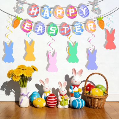 8PCS Easter Decorations Set, Includes Happy Easter Banner, Hanging Swirls for Birthday, Home, Classroom, Office and Yard Party Decorations