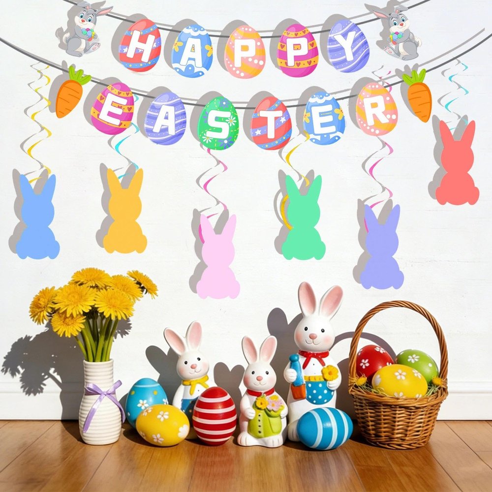8PCS Easter Decorations Set, Includes Happy Easter Banner, Hanging Swirls for Birthday, Home, Classroom, Office and Yard Party Decorations