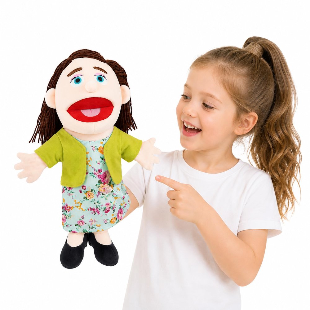 Family Hand Puppets for Kids - 16 Inch Soft Plush Mom Puppet with Movable Mouth, Interactive Pretend Role-Play for Storytelling & Teaching, Classroom, Preschool Toddlers, Birthday Gifts