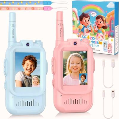 Kids Video Walkie Talkies 2 Pack, Rechargeable with HD Screen & 4 Voice Changers, Long Range Two-Way Radios Toys for Indoor-Outdoor Camping, Gifts for Boys Girls Ages 3-8 (Blue/Pink)