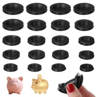 20 Pcs Rubber Piggy Bank Plugs Replacement, Black Round Saving Box Stopper, Assorted Sizes Money Pot Bottom Cover for Plaster Doll Coin Bank