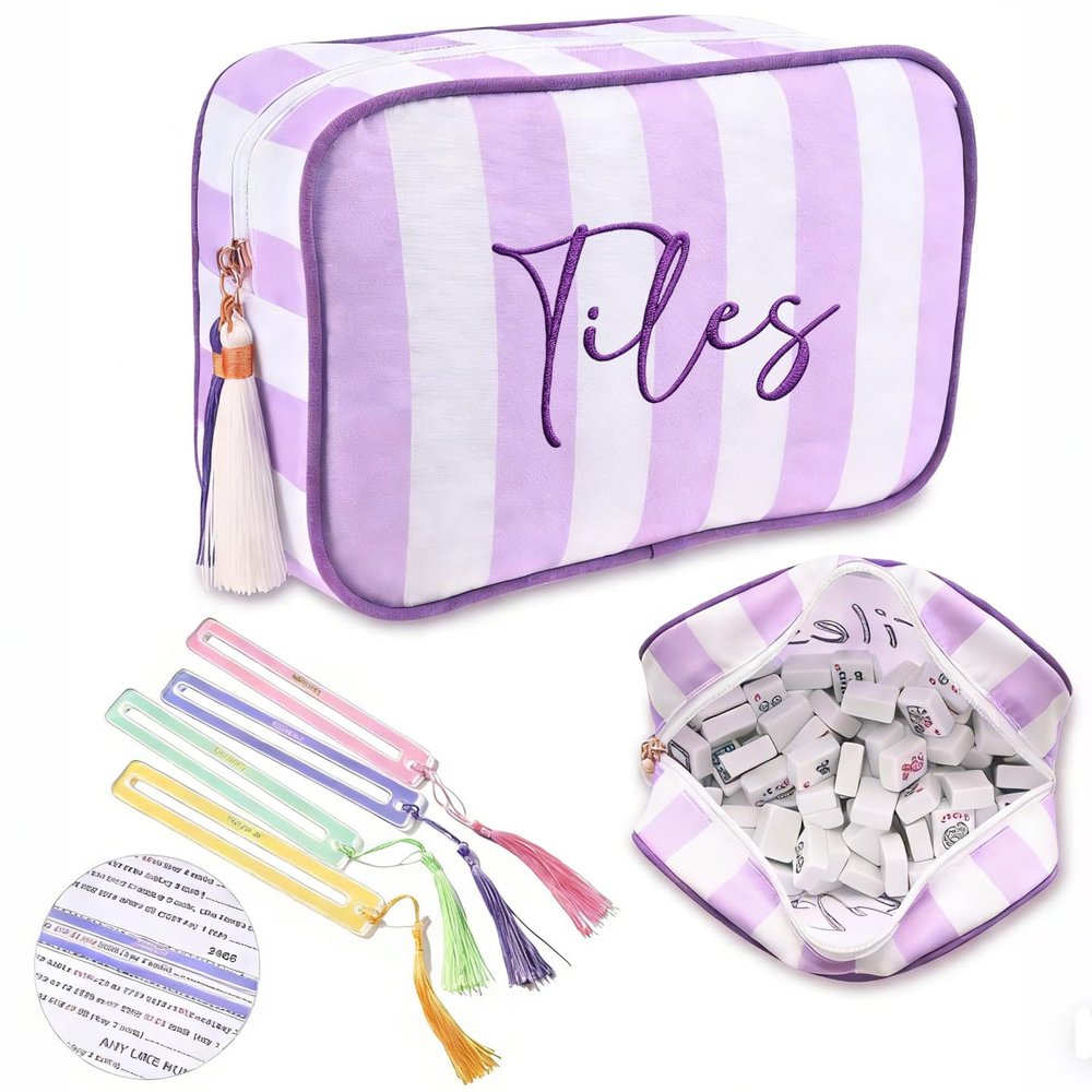 BUZCOZY Empty Mahjong Tiles Bag with 4 Pcs Acrylic Mahjong Line Finder Cards Thickened American Mahjong Rack Bags for Game Party Travel Gatherings Accessories 9.4 x 6.1 x 3.1 in Purple