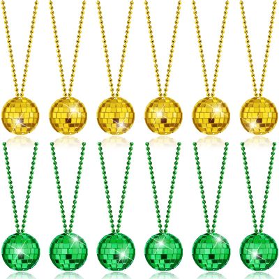 Hicarer 12 Piece Mirror Disco Ball Costume Necklaces 70s Disco Party Necklaces for Home Decorations, 1.57 Inch Stage Props, Game Accessories, Party Favor and Supplies(Gold?Green)