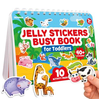 QUOKKA Jelly Sticker Books for Toddlers 1-3, 10 Animal Topics, 40+ Large Thick Reusable Stickers, Waterproof Washable Toddler Activity Busy Book, Learning Toys for Shapes Colors Matching Animals