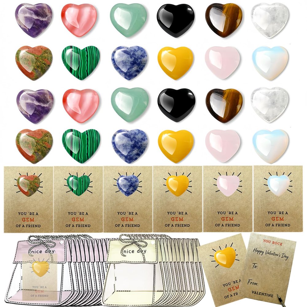 24 Packs Kids Valentines Day Gifts for School, Heart-Shape Gems with Valentines Cards for Kids Classroom Must Haves Gift, Pocket Hug Crystals Rock Valentines Day Cards Party Favors Classroom Exchange