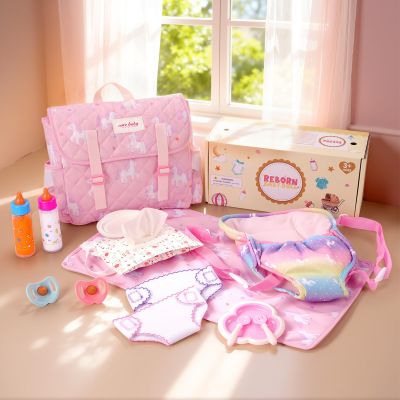 BABESIDE 13PCS Baby Doll Accessories, Baby Doll Diaper Bag with Magic Bottles, Changing Mat,Diapers & Carrier, Pretend Play Doll Care Set for 12-15 Inches Dolls Kids Gift, Pink