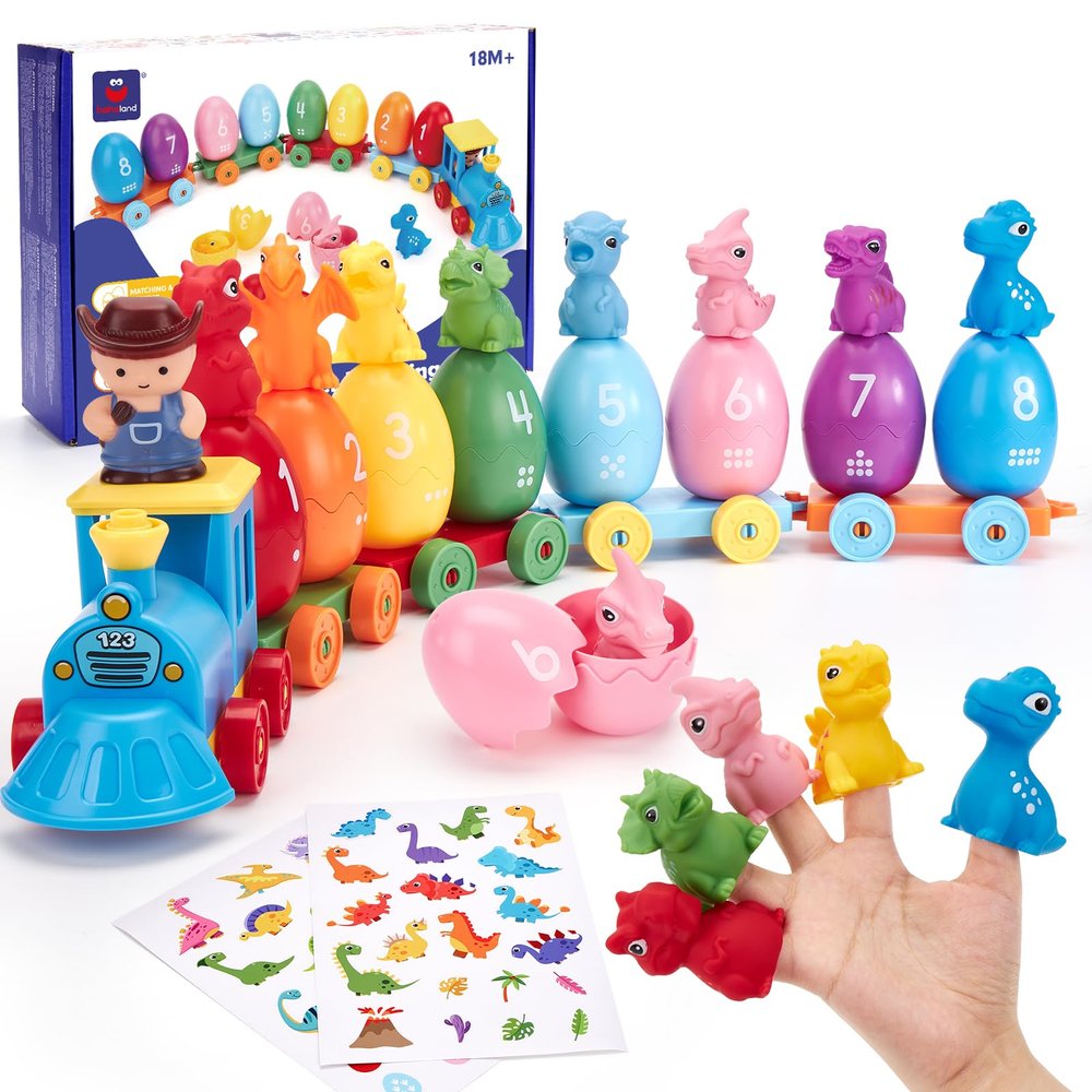hahaland Toddler Learning Toys for 2 3 Year Old Montessori Counting Matching Train Set with 8 Dinosaurs & Sorting Easter Eggs, Dino Stickers Toddler Toys for Kids 1-3 Years Easter Basket Stuffers