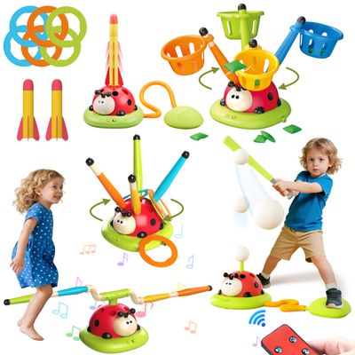 5 in 1 Musical Jump, Bean Bag Toss Ring Game, Baseball Toys and Stomping Launch Rocket Launcher for Kids Remote Control Indoor Outdoor Sports Toys for Kids Ages 4-8 3-5 Birthday Easter Gifts