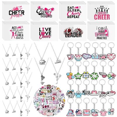 Zenirob 122 Pcs Cheerleader Gifts Bulk for Team, 24 Set Cheer Necklace, Makeup Bag, Keychain, Stickers Set, Cheer Team Gifts for Girls Women, Cheerleading Party