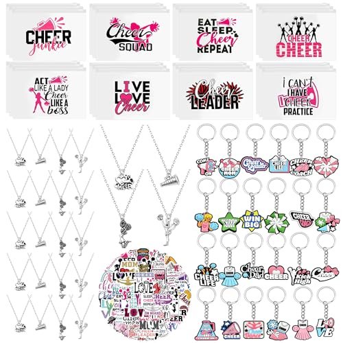 Zenirob 122 Pcs Cheerleader Gifts Bulk for Team, 24 Set Cheer Necklace, Makeup Bag, Keychain, Stickers Set, Cheer Team Gifts for Girls Women, Cheerleading Party