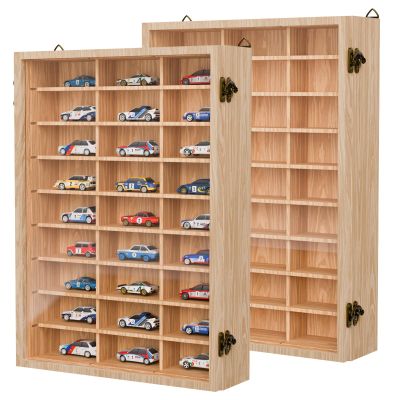 2 Pack Hot Wheels Storage Display Case Wall Mounted, Wooden Hotwheels Toy Car Storage 1/64 Display Case Shelf Organizer for 54 Hot Wheel Model Car (2, WoodColor, Only Case)