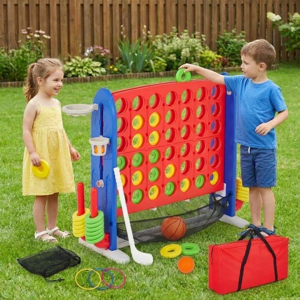 Giant Connect 4, Connect 4 Jumbo Yard Game, with Quick-Release Slider, Mini Basketball, Large Outdoor Lawn Battle Game for Adults and Kids, Big Family Backyard Edition & Indoor