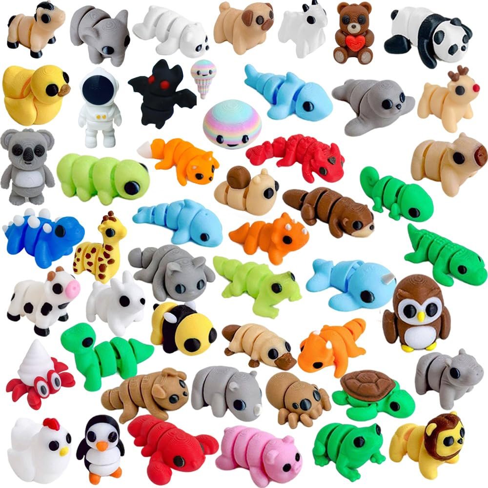 50 Pcs Mini 3D Printed Animal Figurines Set, Random Cute Articulated Animals, Flexible Fidget Toys Bulk, Desk Pets, Party Favors, Classroom Rewards