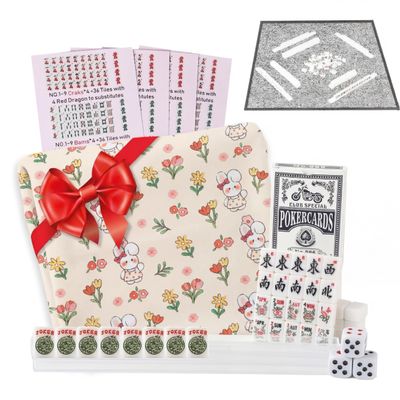 AlloCavi Travel Mini American Mahjong Set - 166 White Tiles Includes Jokers 0.8" White Melamine Material - with Instructions Cards and Game Tablecloth 4 All-in-One Racks and Pushers (Bunny Floral)