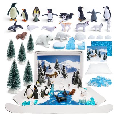 33 PCS Arctic Animals Figurines Set, Winter Animals Toy Figures With Display Box, Diorama Project Supplies Include Polar Bear, Penguin, Trees, Igloo, Fake Snow, Ice Rocks, Backdrop for Kids School DIY