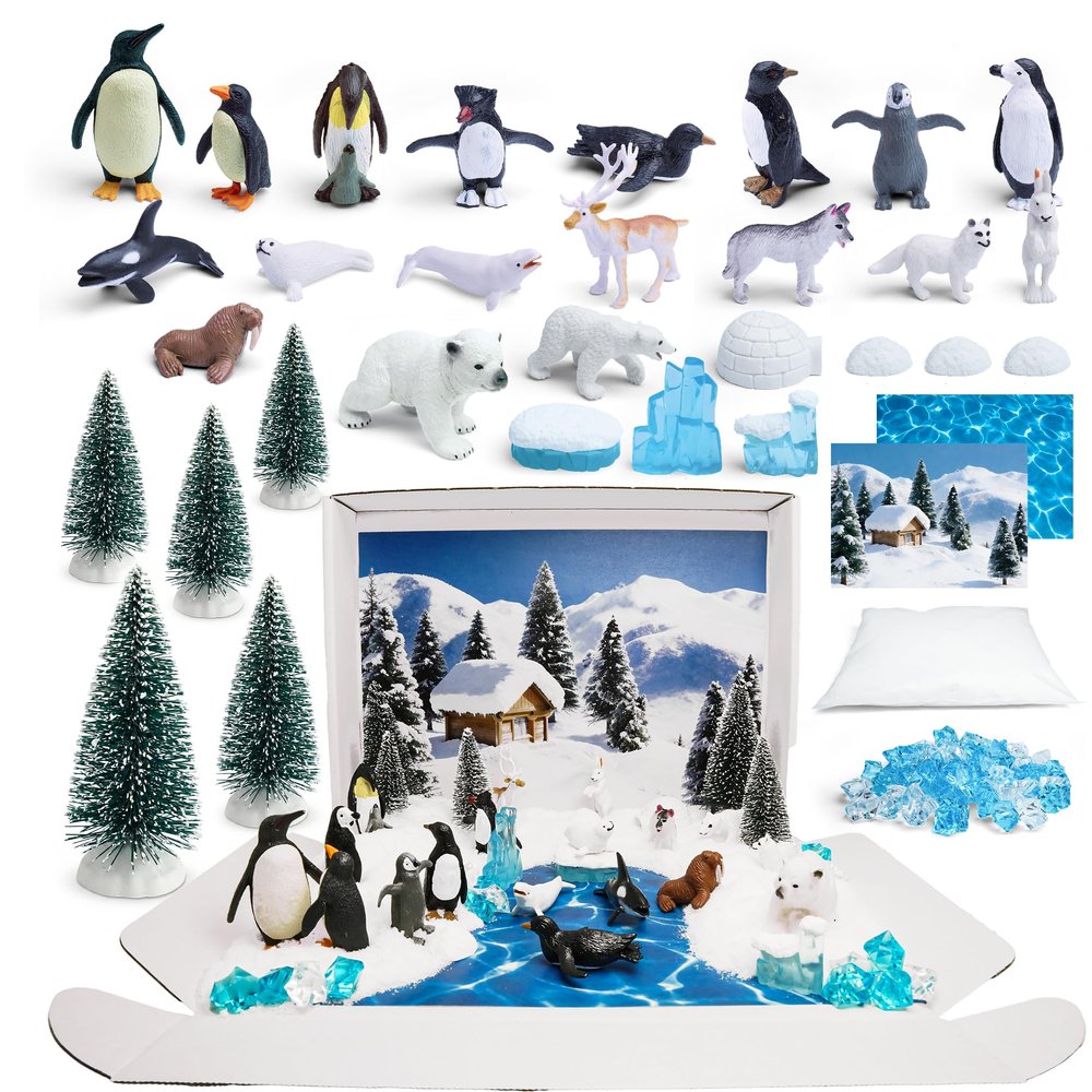 33 PCS Arctic Animals Figurines Set, Winter Animals Toy Figures With Display Box, Diorama Project Supplies Include Polar Bear, Penguin, Trees, Igloo, Fake Snow, Ice Rocks, Backdrop for Kids School DIY