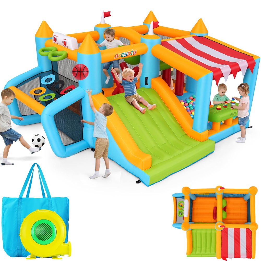 Bounce House for Kids 3-6 8-12, 16-in-1 Inflatable Obstacle Course Bouncy House with Wide Slide/Canopy Ball Pit/2 Boxing Ball/2 X-Obstacles/Soccer Goal, Outdoor Blow Up Jump House w/UL Blower