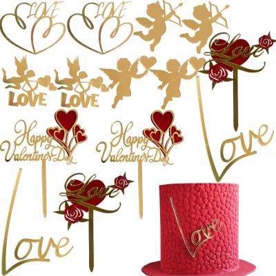 14 PCS Valentine's Day Cake Toppers,Gold Rose Cupid Acrylic Cupcake Toppers Cake Decorations,Anniversary Engagement Wedding Valentine's Day Decorations Birthday Party Supplies