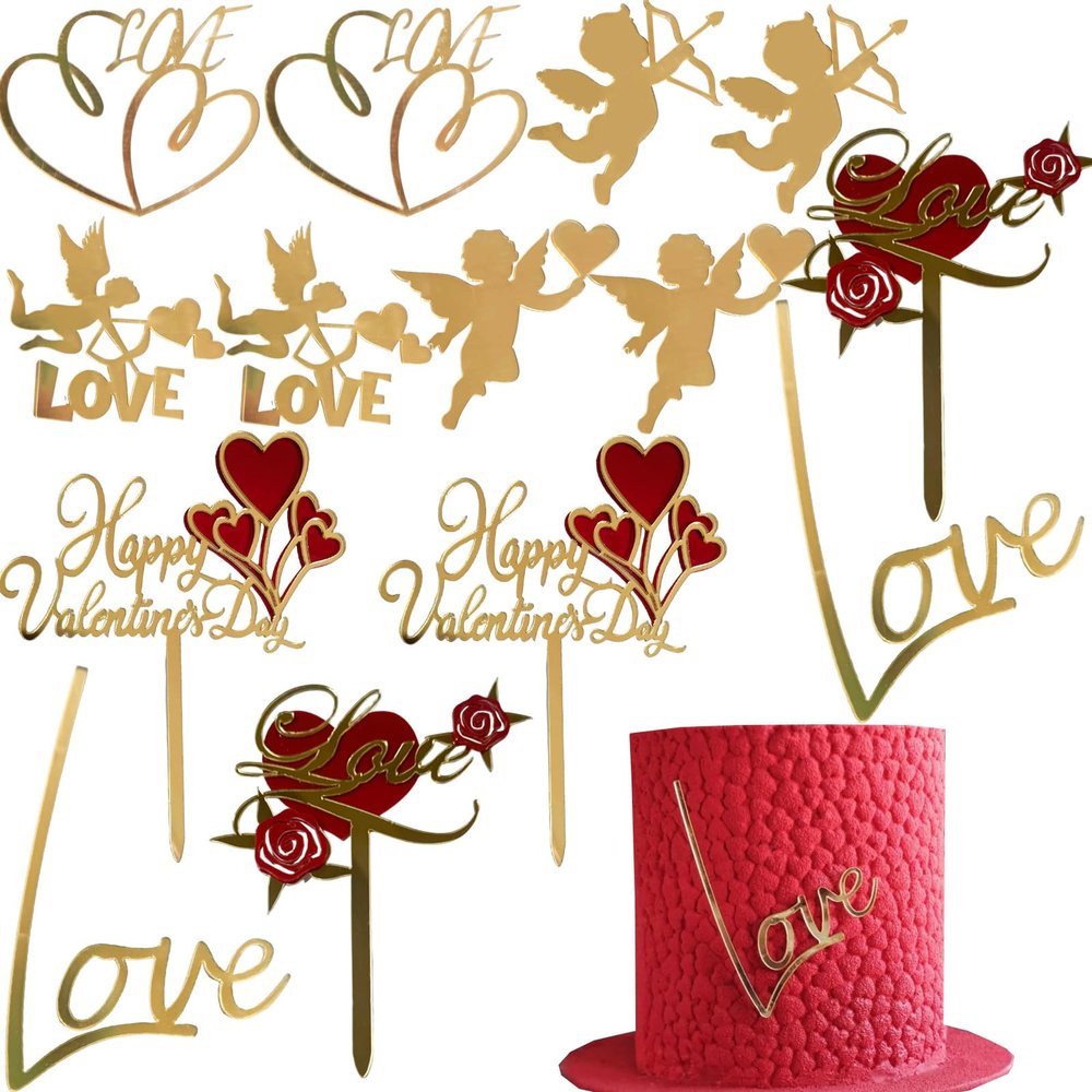 14 PCS Valentine's Day Cake Toppers,Gold Rose Cupid Acrylic Cupcake Toppers Cake Decorations,Anniversary Engagement Wedding Valentine's Day Decorations Birthday Party Supplies