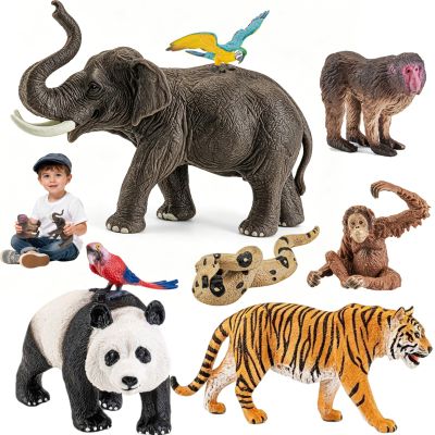 8Pcs Solid Safari Animals Figures for Kids, Zoo Animals Toys, Plastic Jungle Animals Figurines Toy Set, Elephant, Panda, Tiger,Macaw,Parrot,Snake,Orangutan,Monkey Educational Learning Playset