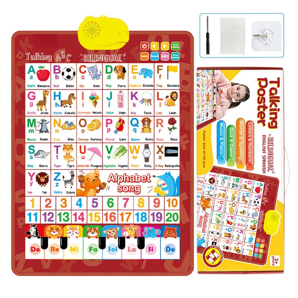 Talking Wall Chart for Kids, English and Spanish Learning Poster with Music, Bilingual Talking Wall Chart for Kids, Interactive Alphabet Numbers Toy