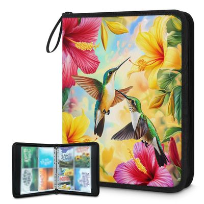 DXTKWL Card Binder Yellow Red Floral Hummingbird 4 Pocket Trading Card Holder 400 Pockets with 50 Removable Sleeve Waterproof Album Book Storage for Cards