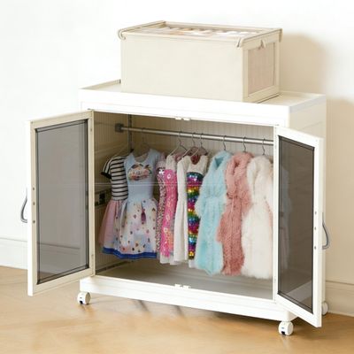 18" Doll Clothes Closet Armoire with 6 Adjustable Hangers & Canvas Bin, Stackable Organizer Wardrobe Cabinet with Windowed Doors
