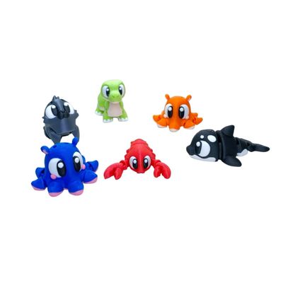 3D-Printed Stress-Relief Desktop Toys, Colorful Sea Creature Figures, Turtle Octopus Whale Crab Characters, 6 Piece Set