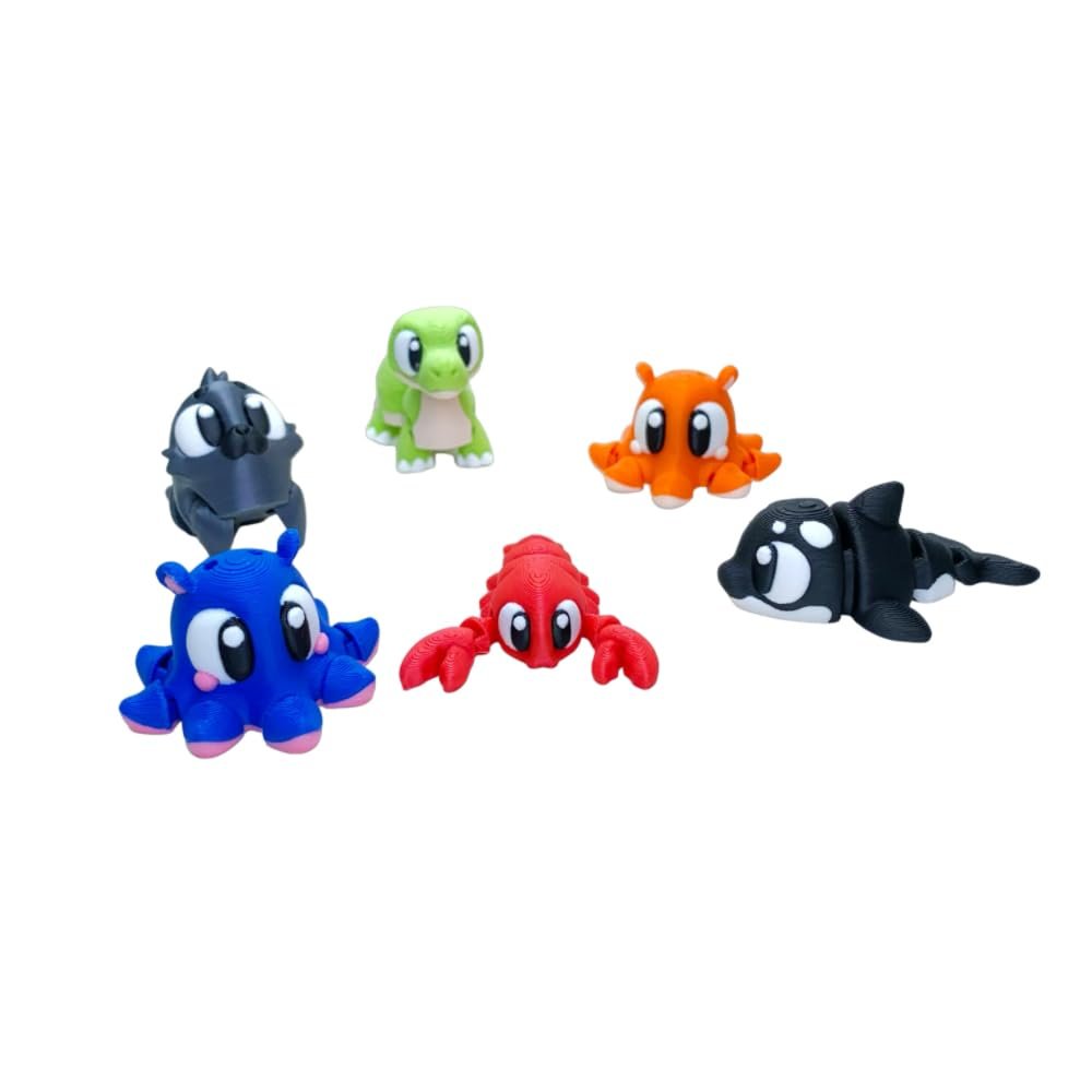 3D-Printed Stress-Relief Desktop Toys, Colorful Sea Creature Figures, Turtle Octopus Whale Crab Characters, 6 Piece Set