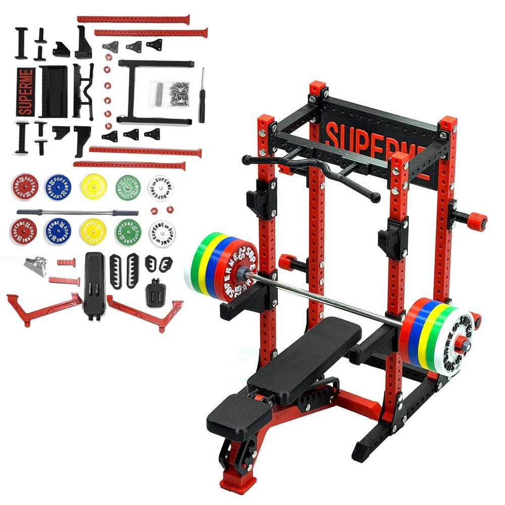 1/12 Scale Mini Gym Workout Equipment with Barbell, Rack & Plates, Doll House Ornament Accessories Decoration Desktop Display Gift for Fitness Fans