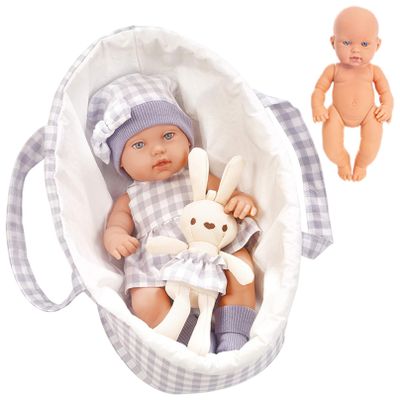 AwnsIMfreien Baby Doll Set, 12 Inch Baby Doll, Realistic Accessories Set Includes Carrier Bassinet Bed & Bunny Toy for Toddlers 3 Ages and Up, Purple, for Toddlers 1-3