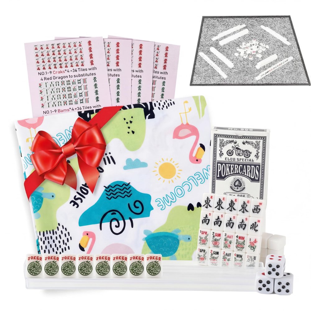 AlloCavi Travel Mini American Mahjong Set - 166 White Tiles Includes Jokers 0.8" White Melamine Material - with Instructions Cards and Game Tablecloth 4 All-in-One Racks and Pushers (Lime Island)
