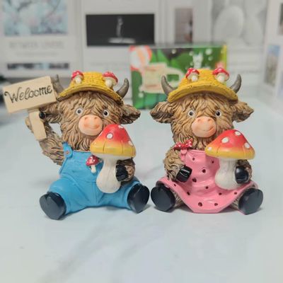 2 Pcs Valentine's Day Highland Cow Figurines Love Heart Rose Highland Cow Gnomes Scottish Resin Statue Calf Lovers Romantic Gifts for Home Kitchen Office Tiered Tray Table Decor (E Mushroom)