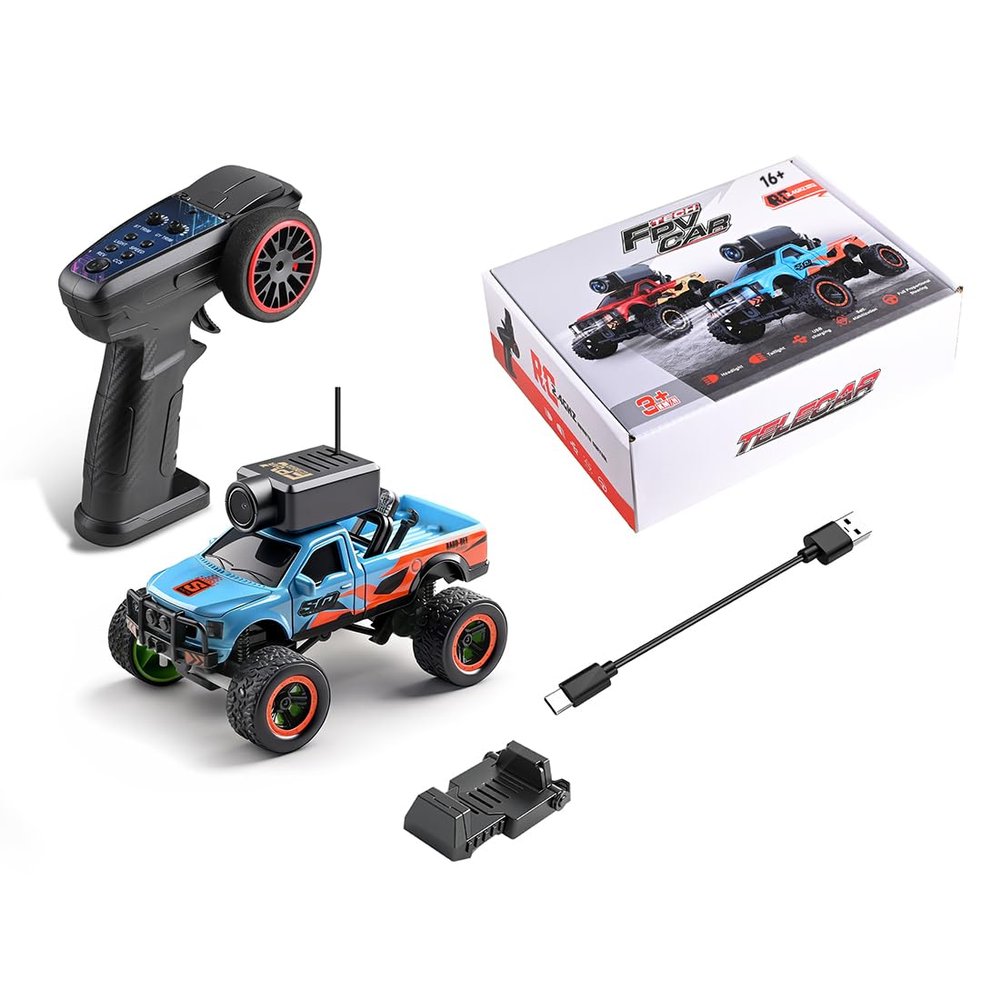 ConGamefun 1/64 Scale Mini RC Truck Model, 2.4Ghz APP Auto-Pairing Full-Proportional FPV Remote Control Monster Truck with WiFi Camera, Lights, Speed & Steering Adjustable, Gift for Adults (RTR/Blue)