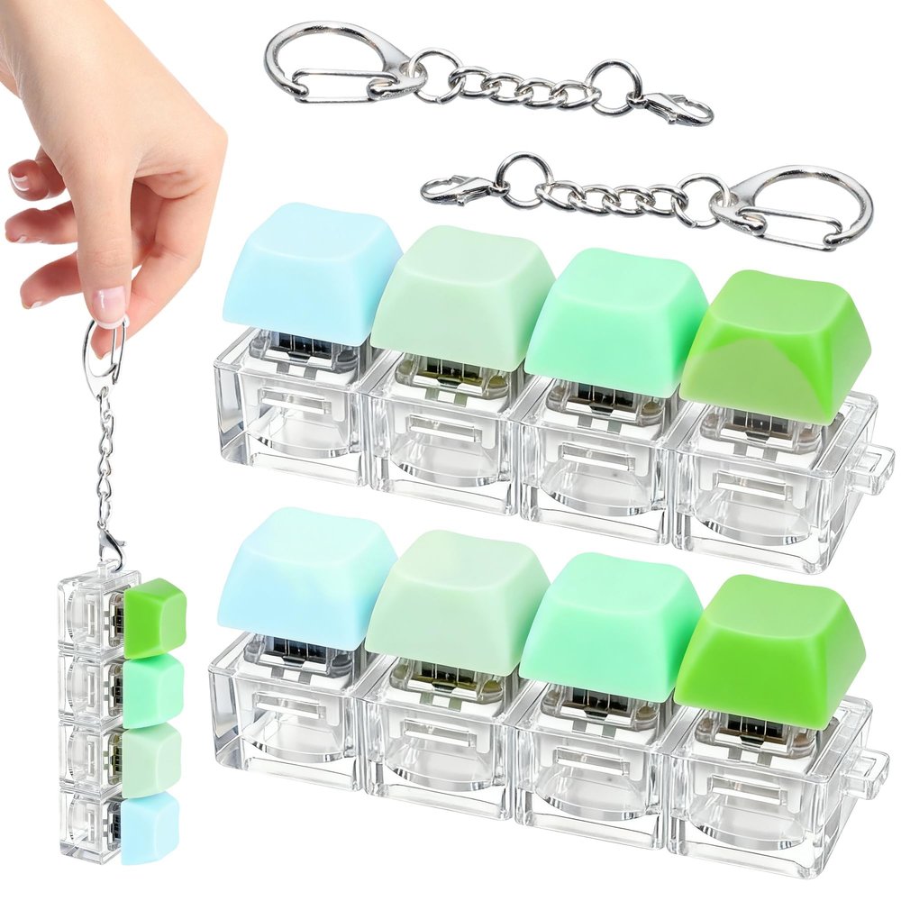 2 PCS 4-in-1 Keyboard Fidget Toy Keychain, Finger Clicky Button Toy Stress Relief Keychain with Swappable Keycaps, Mini Mechanical Key Fidget for Office Desk Focus Gifts (Mix Green)