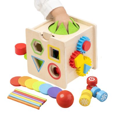 Activity Cube - Wooden Developmental Toy, Multi Functional Play Cube for Party, Playroom, Classroom Home Birthday Gift Girls, Boys Kids Early Learning Motor Skill Development, Educational Fun
