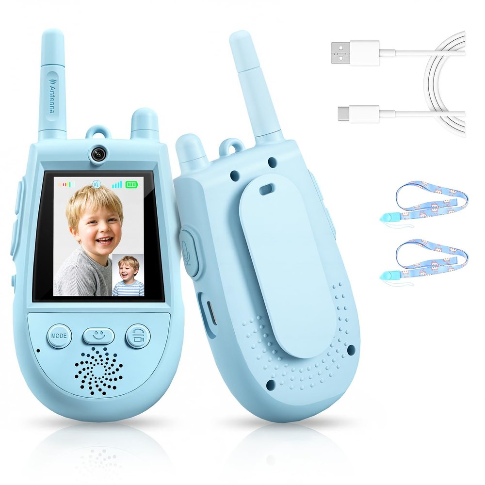 Video Walkie Talkies for Kids, 2 Pack Rechargeable Voice/Video Call Kids Walkies Talkies, Toddler Toys for Indoor, Outside, Camping, Hiking, Gift for Boys and Girls Ages 3-12 (Blue/Blue)