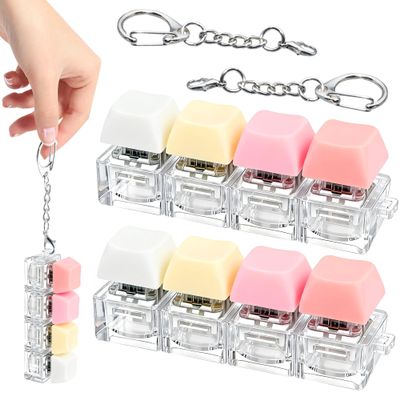 2 PCS 4-in-1 Keyboard Fidget Toy Keychain, Finger Clicky Button Toy Stress Relief Keychain with Swappable Keycaps, Mini Mechanical Key Fidget for Office Desk Focus Gifts (Pink Yellow White)