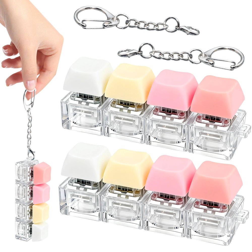2 PCS 4-in-1 Keyboard Fidget Toy Keychain, Finger Clicky Button Toy Stress Relief Keychain with Swappable Keycaps, Mini Mechanical Key Fidget for Office Desk Focus Gifts (Pink Yellow White)
