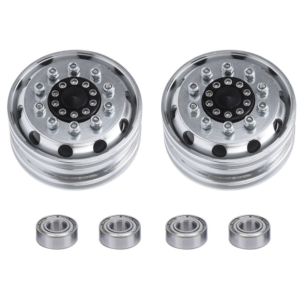 2pcs Beadlock Wheels Aluminum Alloy Micro Crawler Tires with Bearings for 1/14 RC Car Trailer Container Truck