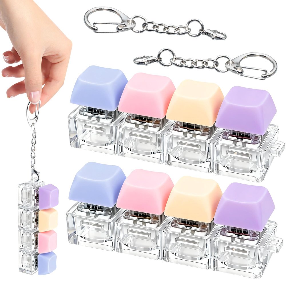 2 PCS 4-in-1 Keyboard Fidget Toy Keychain, Finger Clicky Button Toy Stress Relief Keychain with Swappable Keycaps, Mini Mechanical Key Fidget for Office Desk Focus Gifts (Purple Blue)