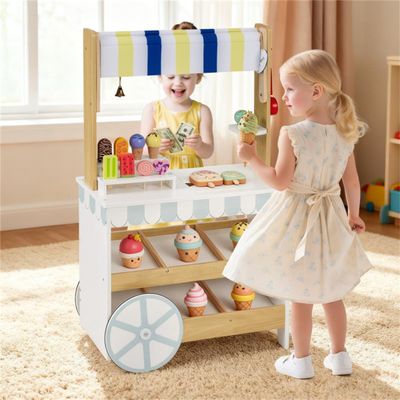 2-in-1 Convertible Wooden Grocery Store & Ice Cream Cart Playset - Play Toy with Accessories, Bell, Wheels Educational Role Play Gift