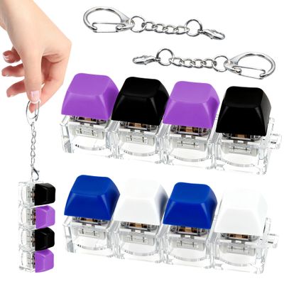 2 PCS 4-in-1 Keyboard Fidget Toy Keychain, Finger Clicky Button Toy Stress Relief Keychain with Swappable Keycaps, Mini Mechanical Key Fidget for Office Desk Focus Gifts (Blue White Black Purple)