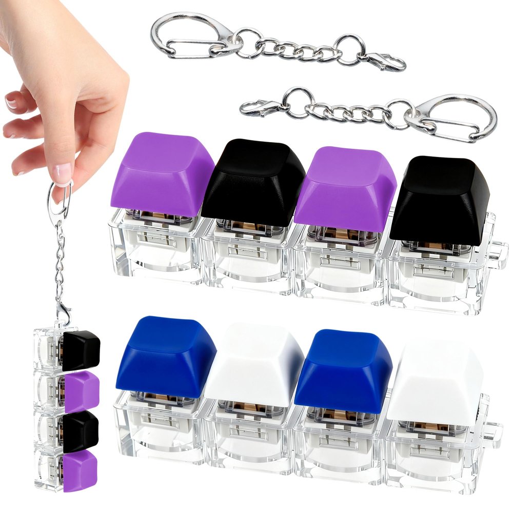 2 PCS 4-in-1 Keyboard Fidget Toy Keychain, Finger Clicky Button Toy Stress Relief Keychain with Swappable Keycaps, Mini Mechanical Key Fidget for Office Desk Focus Gifts (Blue White Black Purple)